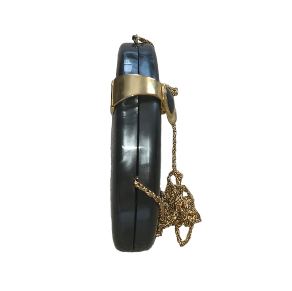 NWT new Vintage Stephanie Gold & green hardshell clutch evening Bag metal chain - Picture 5 of 12